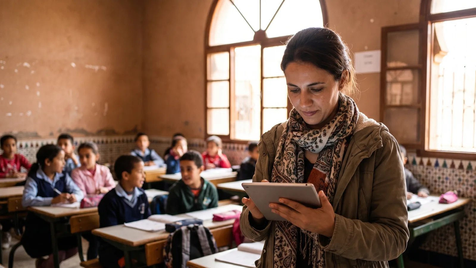 Enseignant faisant l'appel sur une tablette en classe
